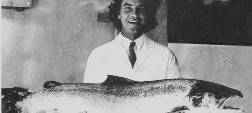 Our founder Andrew, with a whole salmon in the 1980s - an integral part of Grimsby heritage